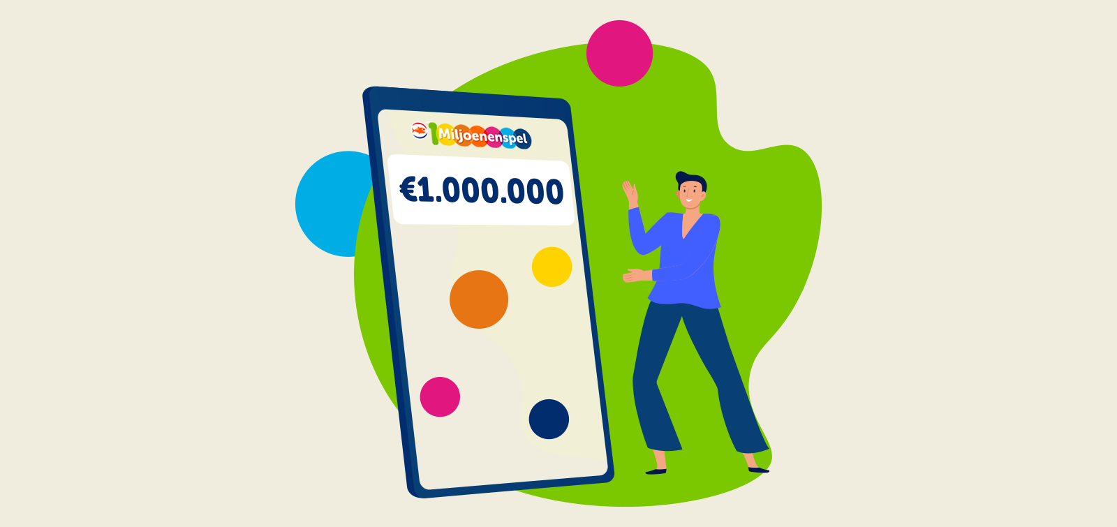 Een persoon staat naast een smartphone met een prijs van â‚¬1.000.000 erop, omgeven door kleurrijke cirkels.